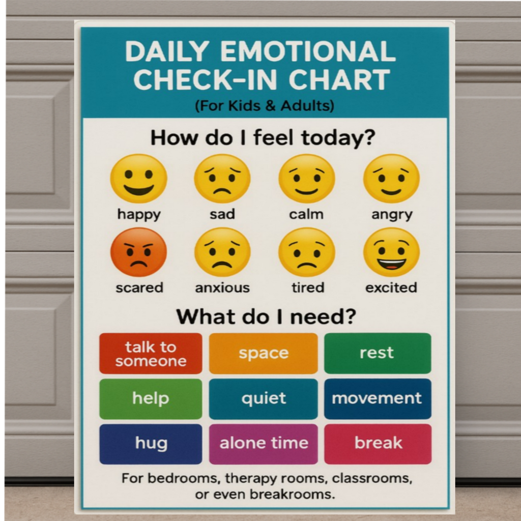 Daily Emotional Check-In Chart – Feelings Chart for Kids and Adults | Mental Health Classroom 13x19in Laminated Print