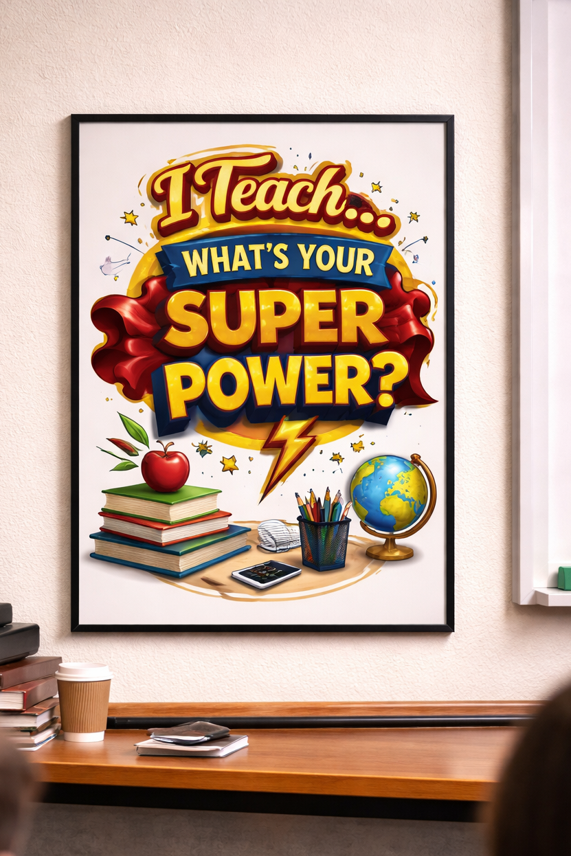 Teacher Superpower Sign Classroom Decor Motivational Poster 13x19 Laminated Teacher Wall Art School Inspiration Sign