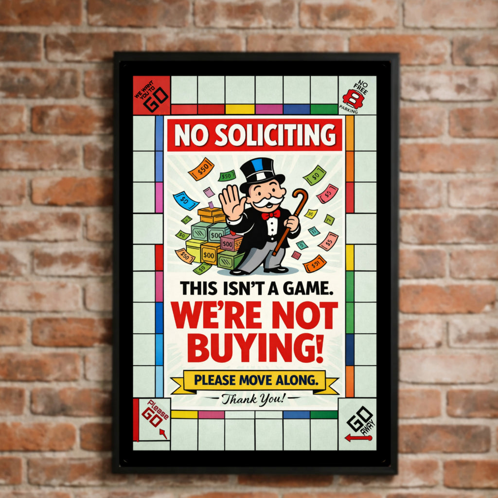 No Soliciting Monopoly Sign We’re Not Buying Please Move Along 13x19 Laminated Funny Door Sign No Salesmen Home Security Decor