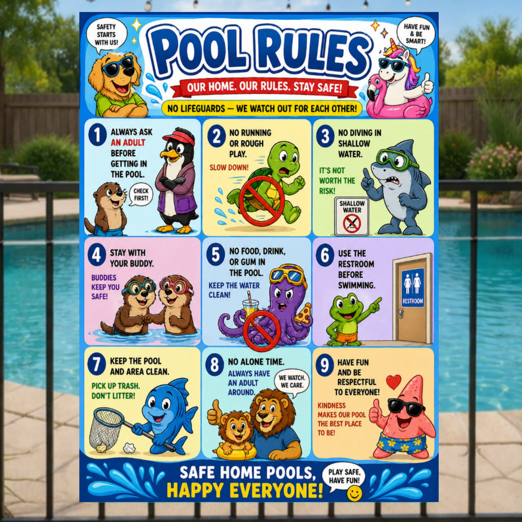 Kids Pool Rules Sign 13x19 Laminated Pool Safety Poster Cartoon Swimming Rules Decor Backyard Family Pool Wall Art