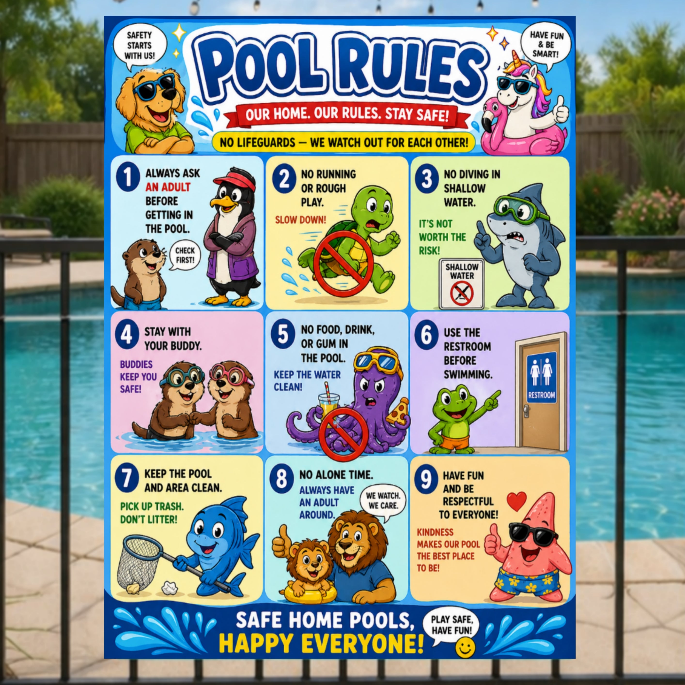 Kids Pool Rules Sign 13x19 Laminated Pool Safety Poster Cartoon Swimming Rules Decor Backyard Family Pool Wall Art