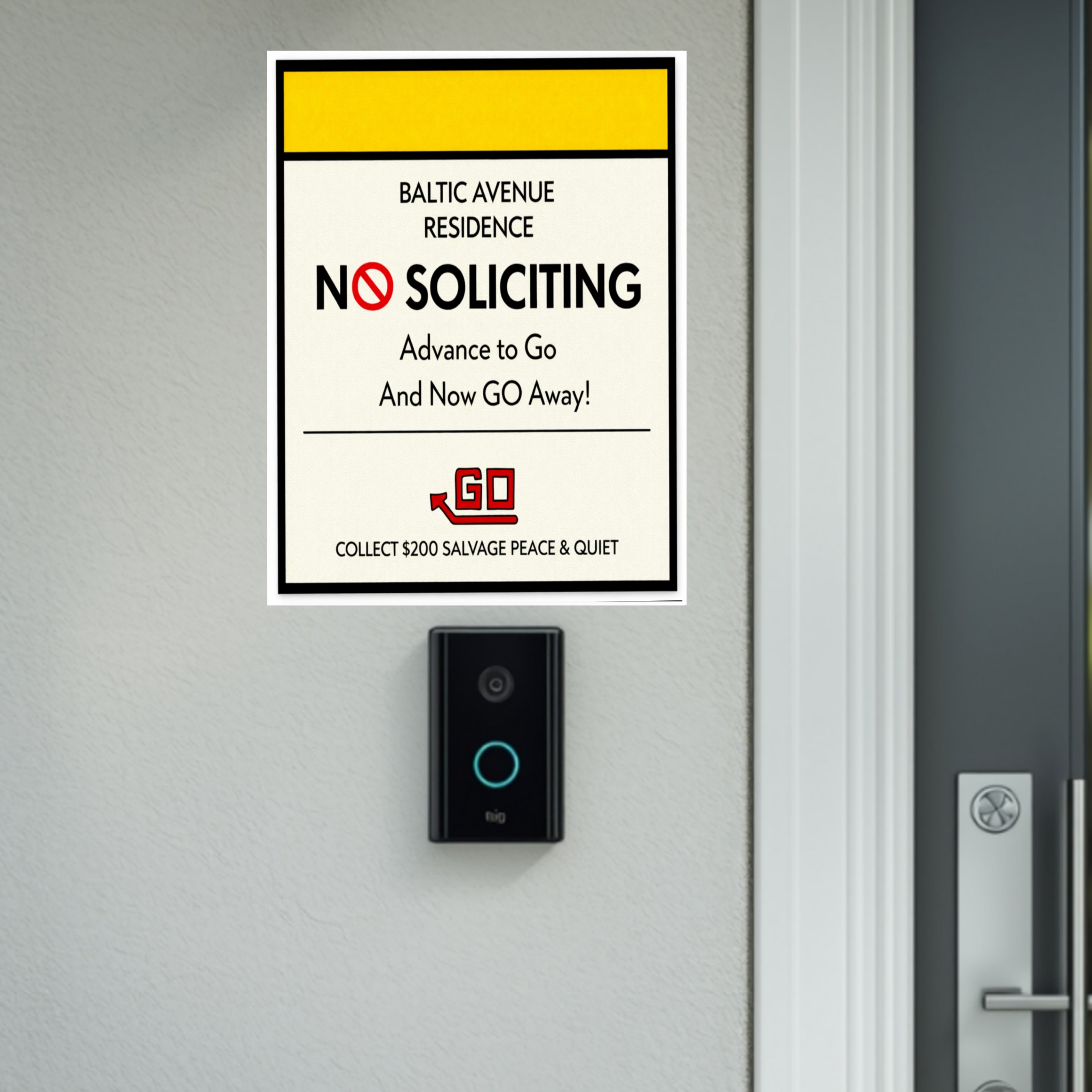 Baltic Avenue No Soliciting Sign – Funny Monopoly Inspired Door Sign | “Advance to Go… Now Go Away” | 6x9 or 4x9