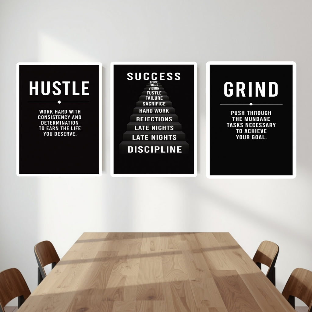 Hustle Success Grind Wall Art Set Motivational Posters Black Office Decor Entrepreneur Mindset Prints 13x19  Laminated
