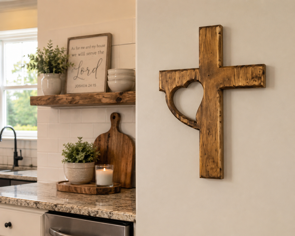 Handmade Wooden Cross Wall Decor with Heart Cutout | Rustic Christian Wall Art | Luxury Farmhouse Faith Decor 12x18