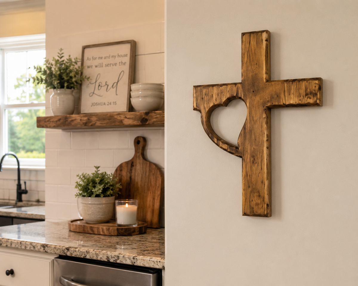 Handmade Wooden Cross Wall Decor with Heart Cutout | Rustic Christian Wall Art | Luxury Farmhouse Faith Decor 12x18