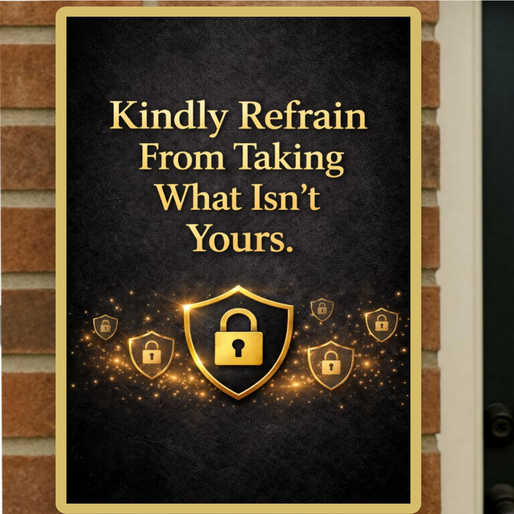 Luxury Security Sign 13x19 Laminated Gold Warning Sign Kindly Refrain From Taking What Isn’t Yours Porch Protection Sign