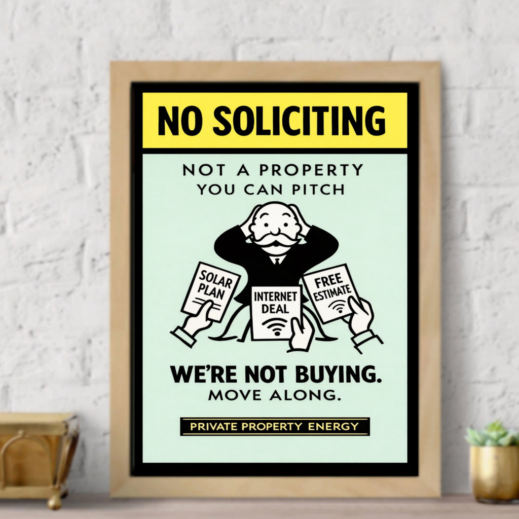 No Soliciting We’re Not Buying Sign Funny Door Sign Salesman Warning Sign 13x19 Laminated Home Protection Decor