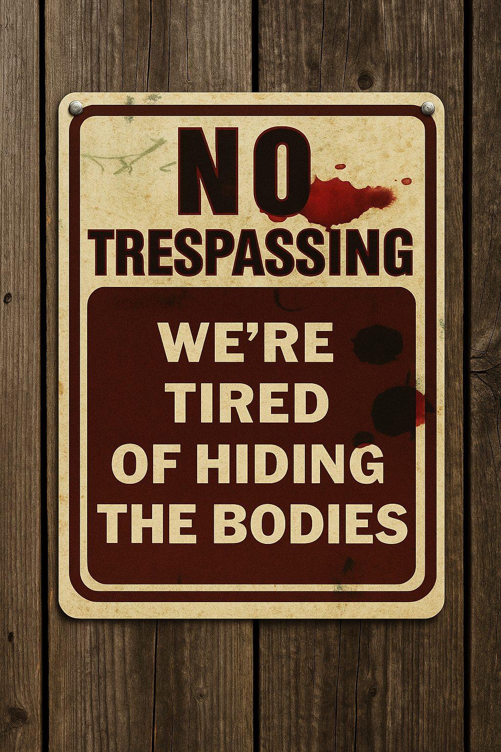 No Trespassing Sign – We’re Tired of Hiding the Bodies | Funny Warning Property Sign 19x13in