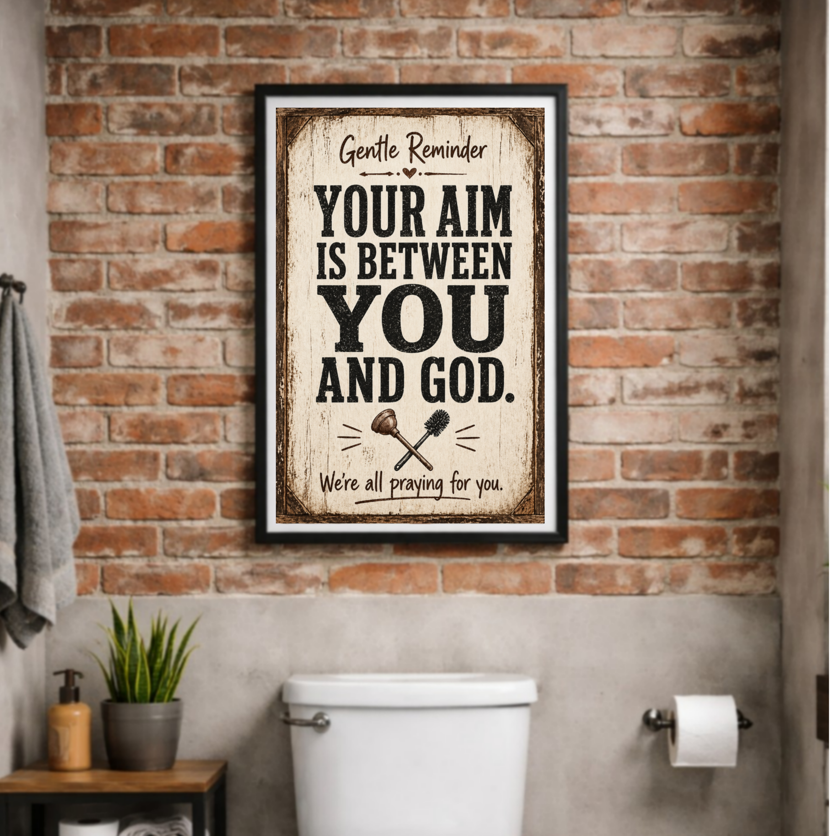 Funny Bathroom Sign – "Your Aim Is Between You And God" | 13x19 Laminated Rustic Farmhouse Wall Art