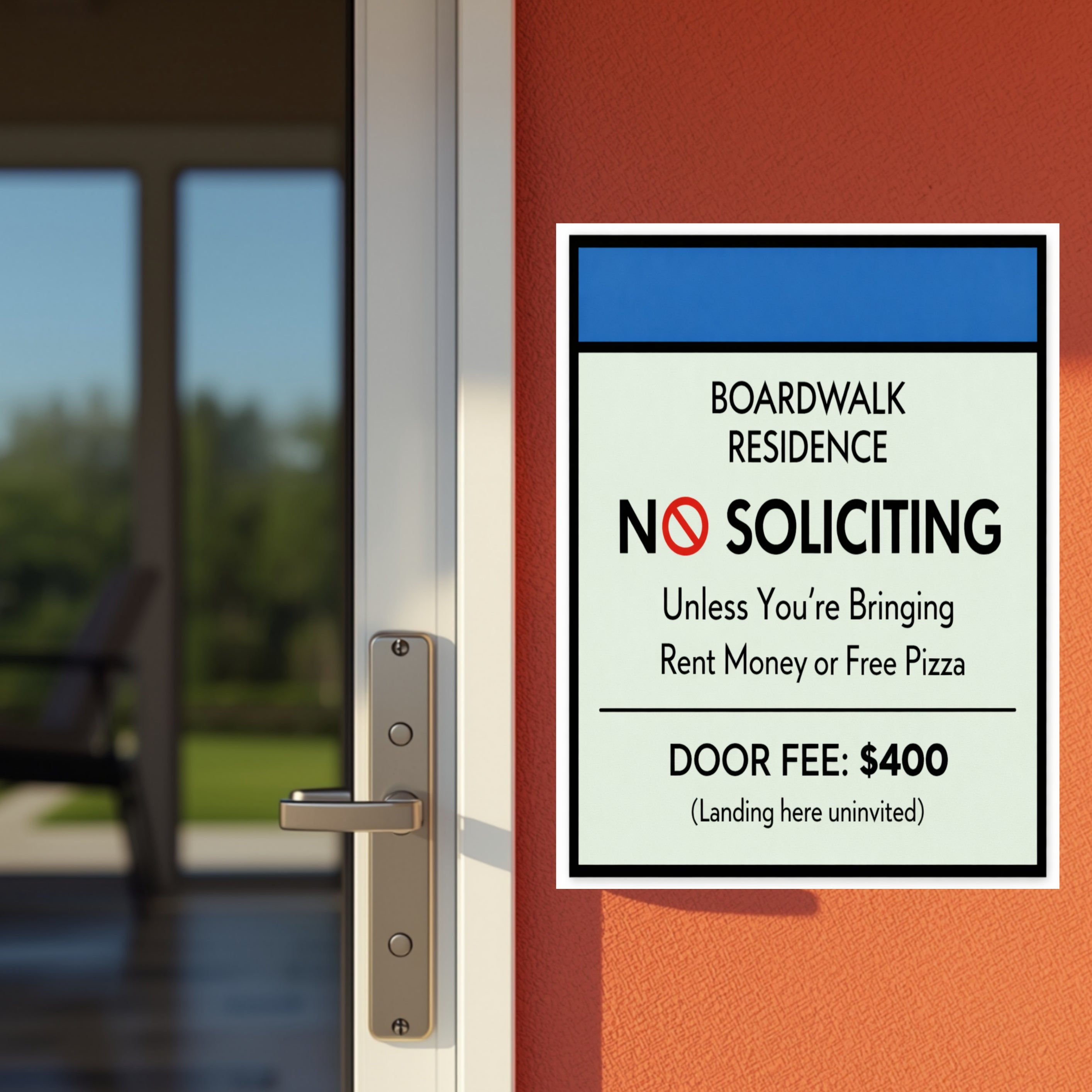 Boardwalk No Soliciting Sign – Funny Door Sign | “Unless You’re Bringing Rent or Pizza” | Modern Home Entry Decor