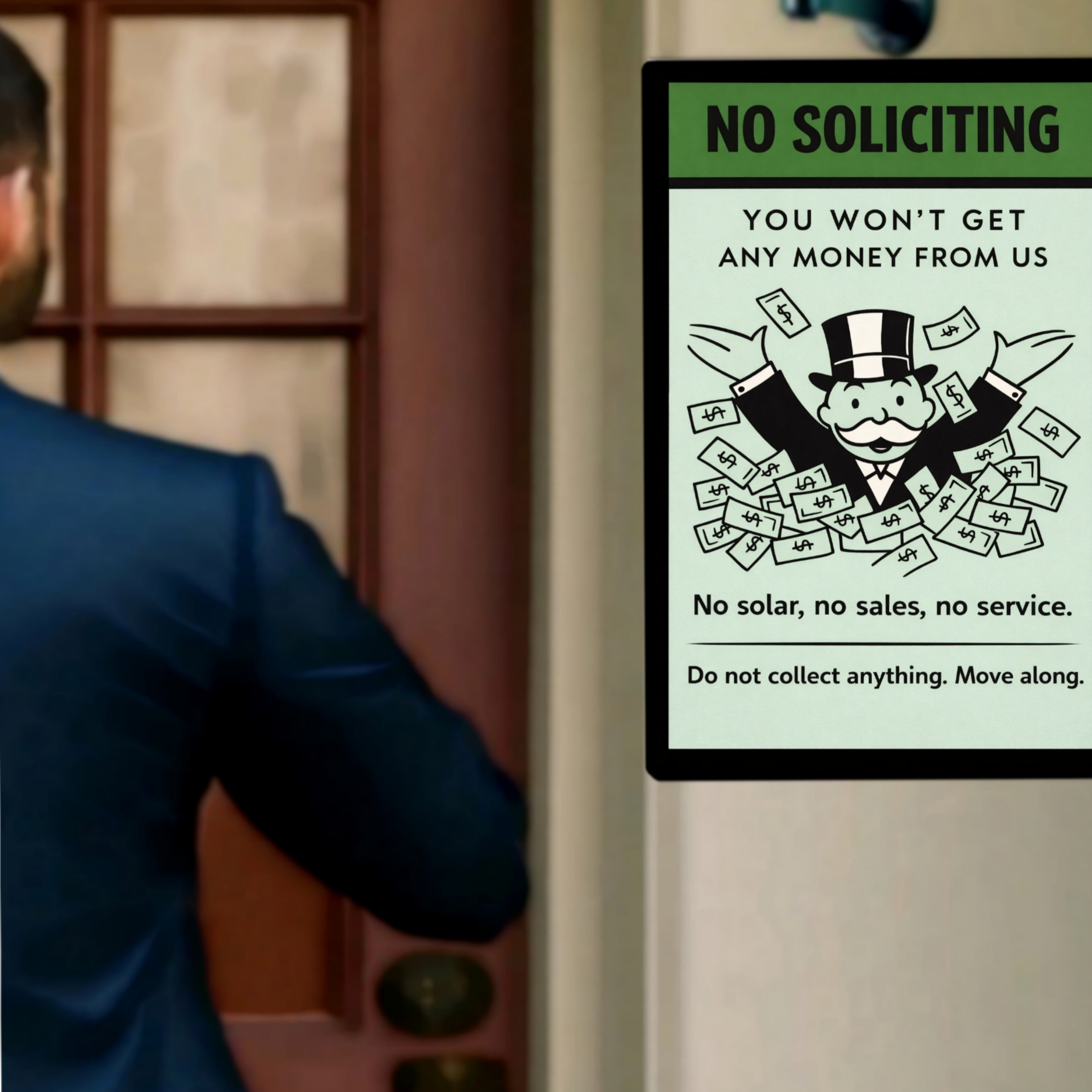 No Soliciting Funny Money Sign We Don’t Want To Buy Move Along Sign 13x19 Laminated Door Sign Home Security Decor