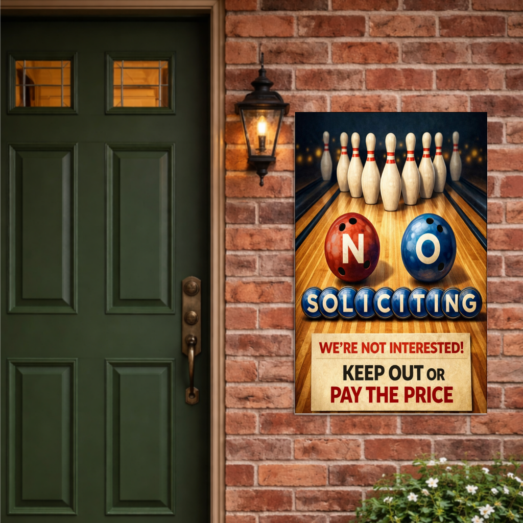 No Soliciting Bowling Sign Funny Door Sign Keep Out Or Pay The Price 13x19 Laminated Home Security Yard Sign Funny Warning Decor