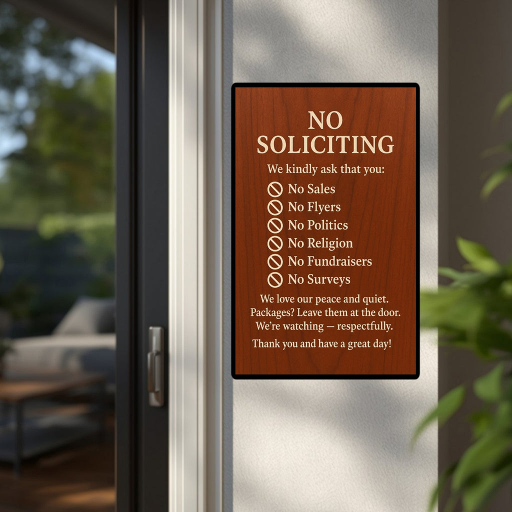 Elegant No Soliciting Sign – Polite Door Sign with Rules – 13x19 Laminated Front Door Notice – No Sales No Flyers No Politics
