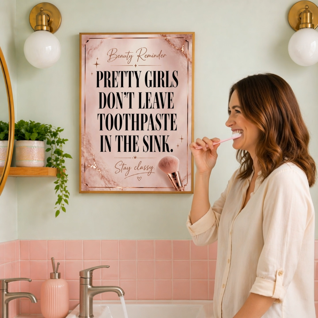 Pretty Girls Don’t Leave Toothpaste In The Sink Bathroom Sign 13x19 Laminated Girly Bathroom Decor Funny Beauty Wall Art