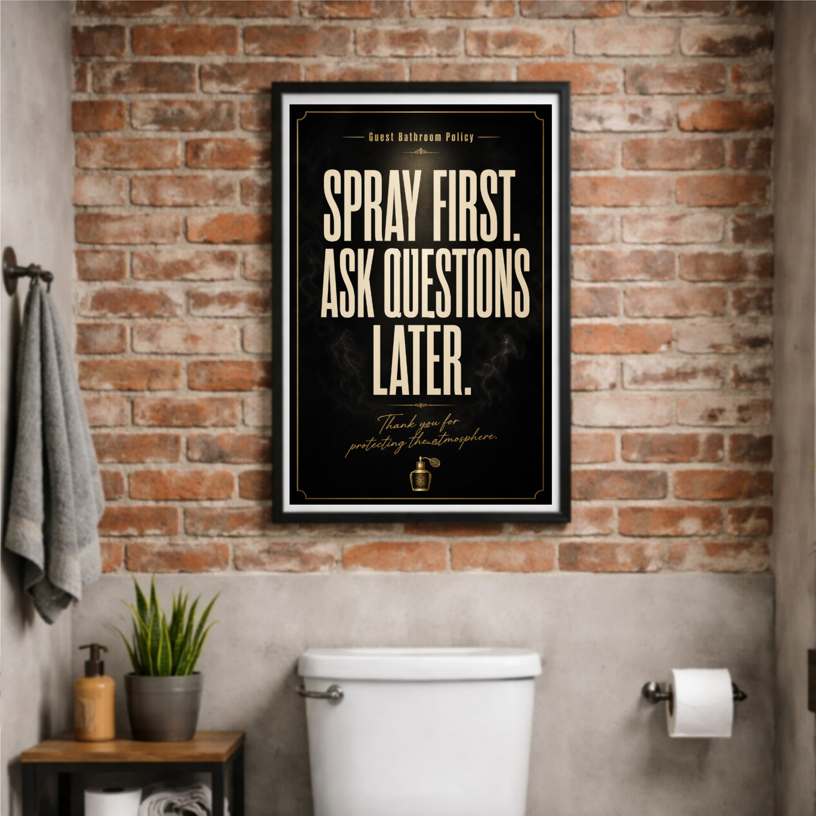 Spray First Ask Questions Later Bathroom Sign 13x19 Laminated Funny Bathroom Wall Art Guest Bathroom Decor Restroom Humor Sign