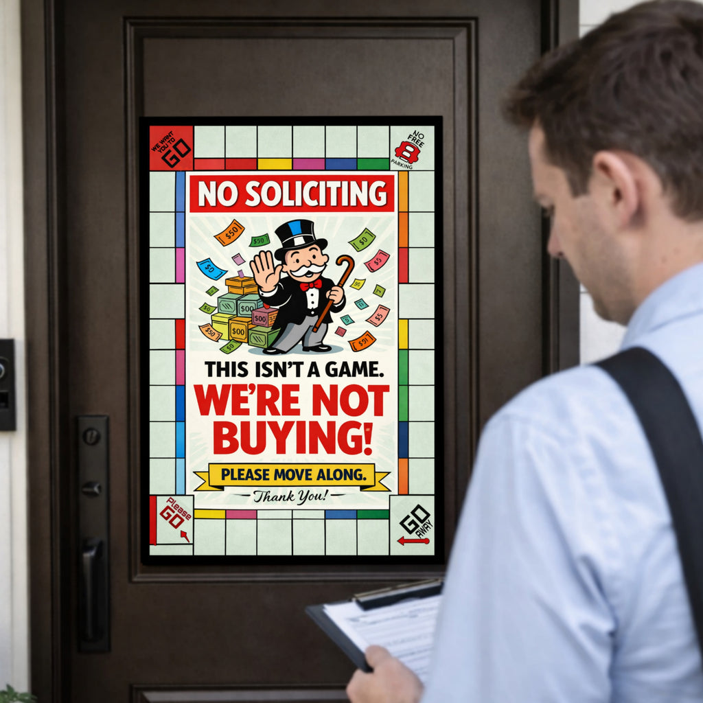 No Soliciting Monopoly Sign We’re Not Buying Please Move Along 13x19 Laminated Funny Door Sign No Salesmen Home Security Decor