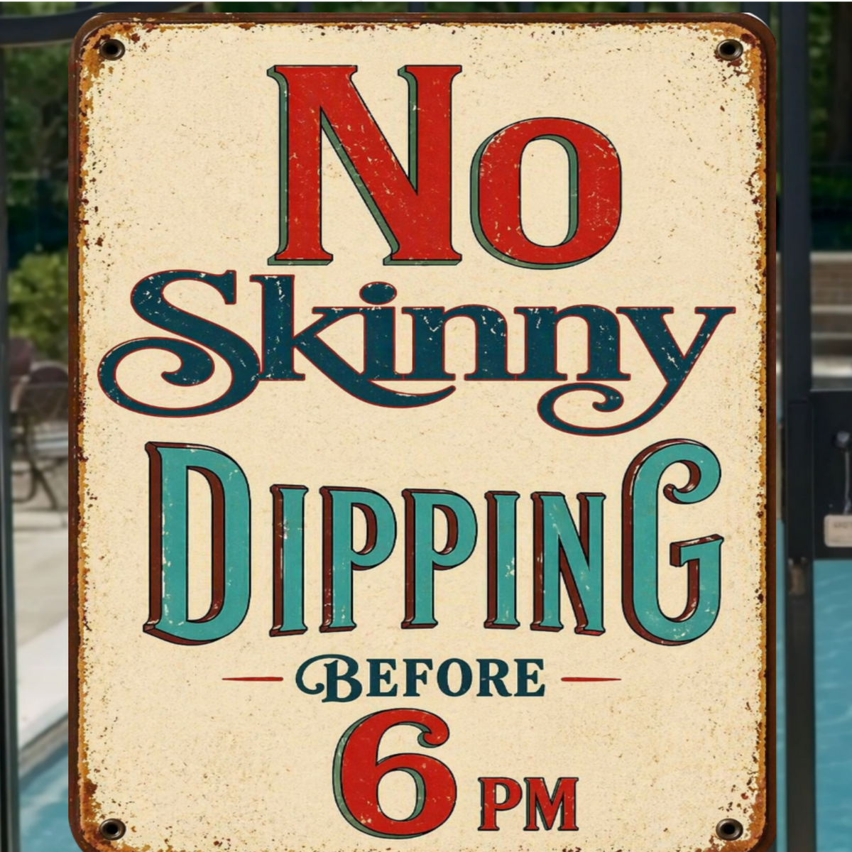 No Skinny Dipping Before 6PM Funny Pool Sign 13x19 Laminated Vintage Pool Decor Retro Backyard Pool Party Sign
