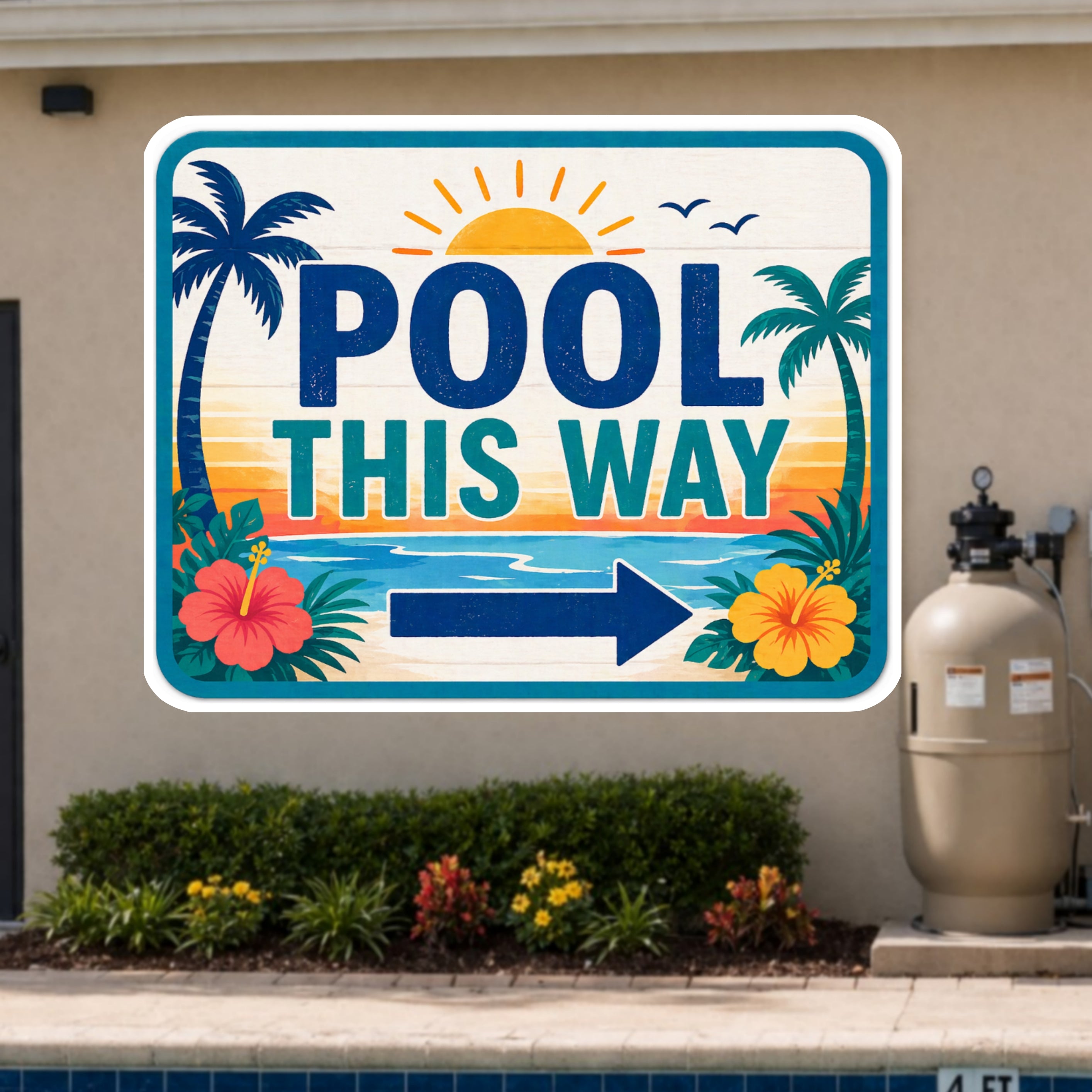 Pool This Way Sign | 13x19 Laminated Tropical Pool Decor | Palm Tree Poolside Summer Patio Wall Art
