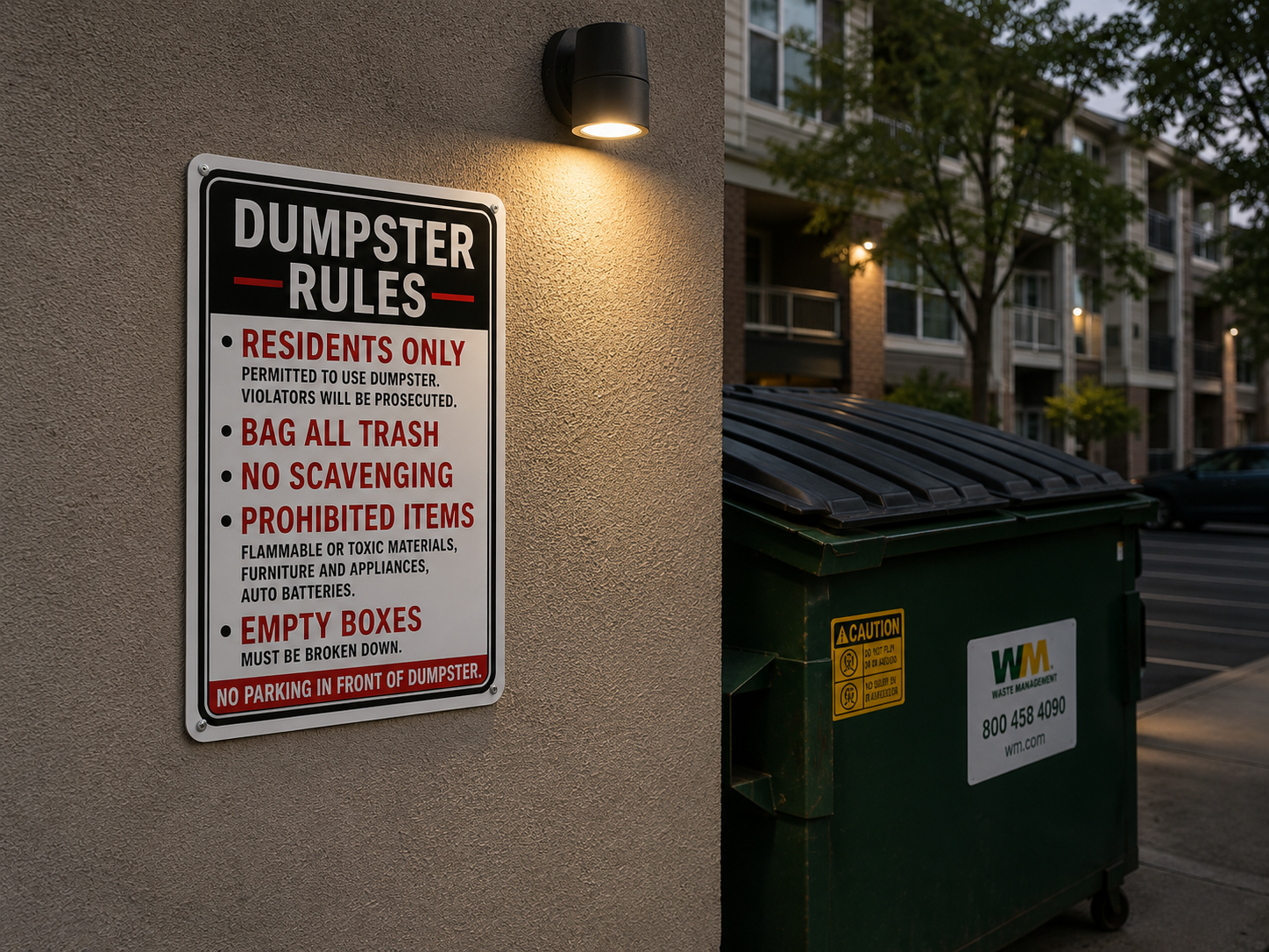 Dumpster Rules Sign Laminated 13x19 | Apartment Dumpster Rules Sign | Property Management Wall Sign | Trash Area Rules Decor