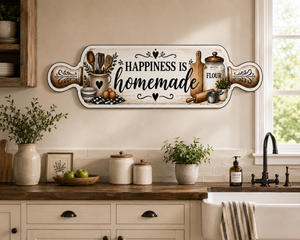 Real Wood Rolling Pin Kitchen Sign | Farmhouse Kitchen Decor | Handmade Rustic Wall Hanging | Happiness Is Homemade Sign