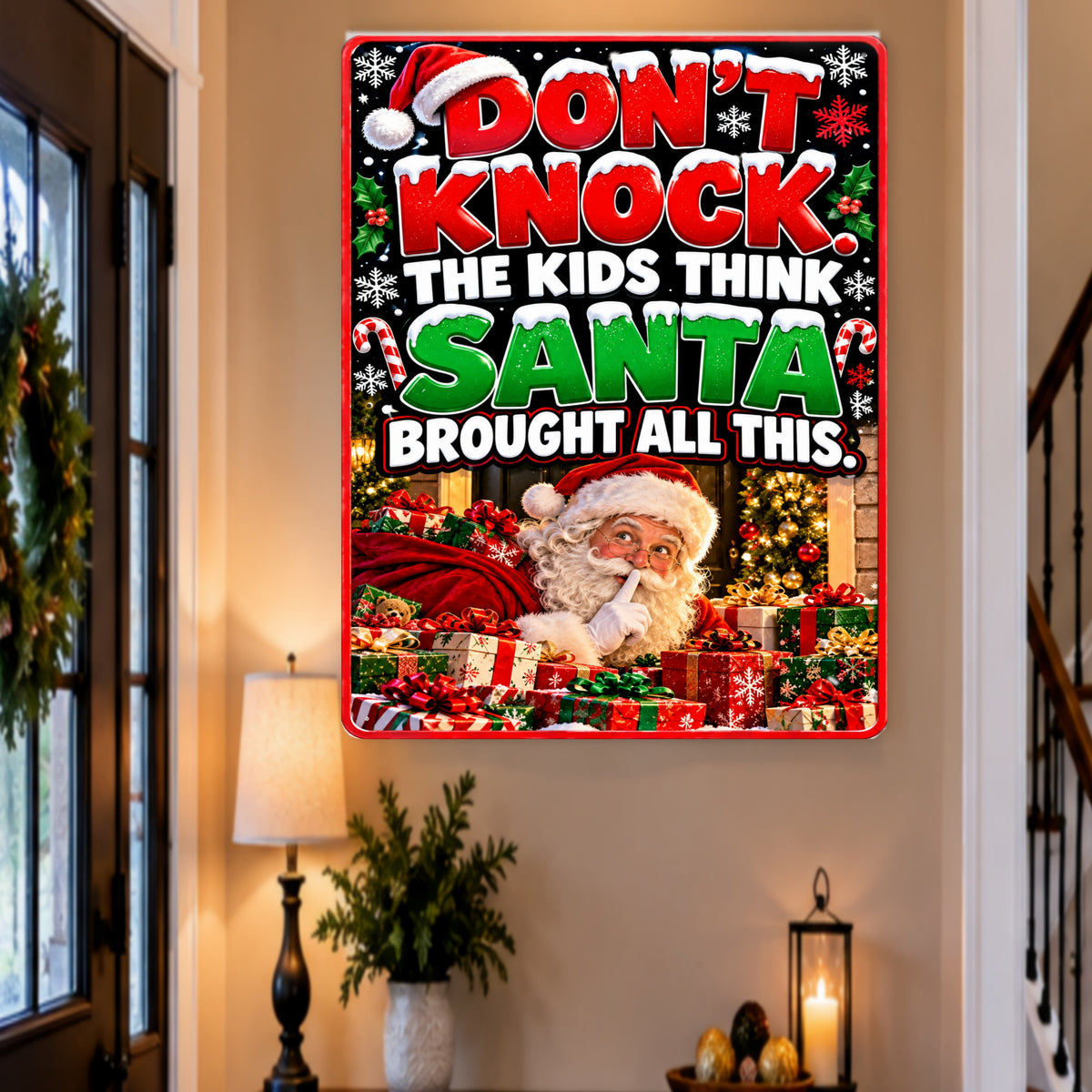 Funny Christmas Door Sign, Don’t Knock Santa 13x19 Laminated Holiday Home Decor