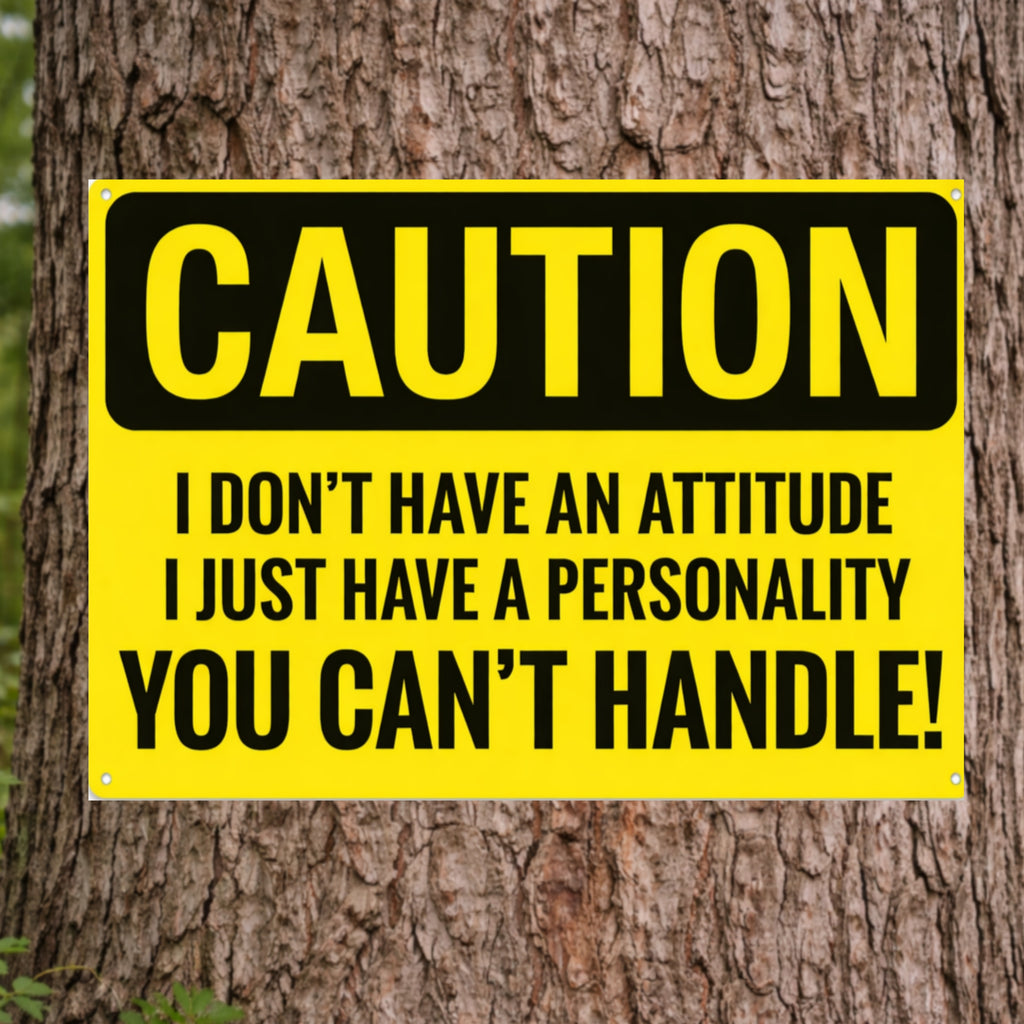 Funny Caution Sign – “I Don’t Have an Attitude, I Have a Personality You Can’t Handle” | Bold Humor Wall Art (13x19)