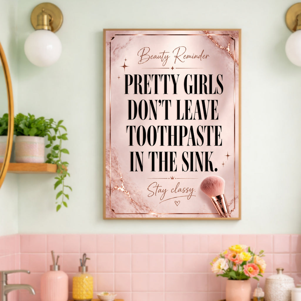 Pretty Girls Don’t Leave Toothpaste In The Sink Bathroom Sign 13x19 Laminated Girly Bathroom Decor Funny Beauty Wall Art