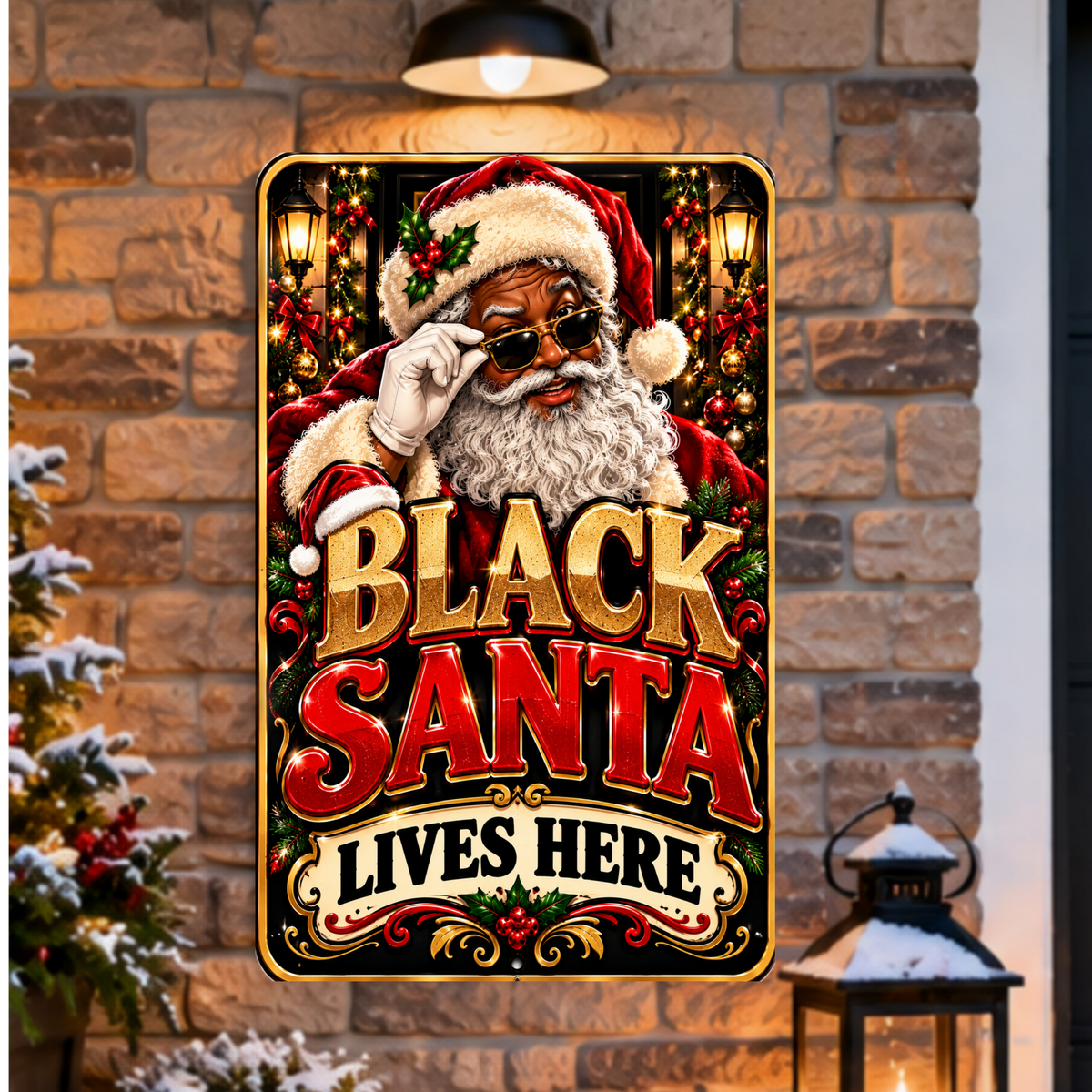 Black Santa Lives Here Sign, 13x19 Laminated African American Christmas Wall Decor