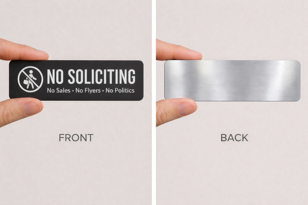 No Soliciting Sign Modern Door Sign  4x6in Laminated Aluminum Backing backing Home Security Warning Sign Minimalist Decor
