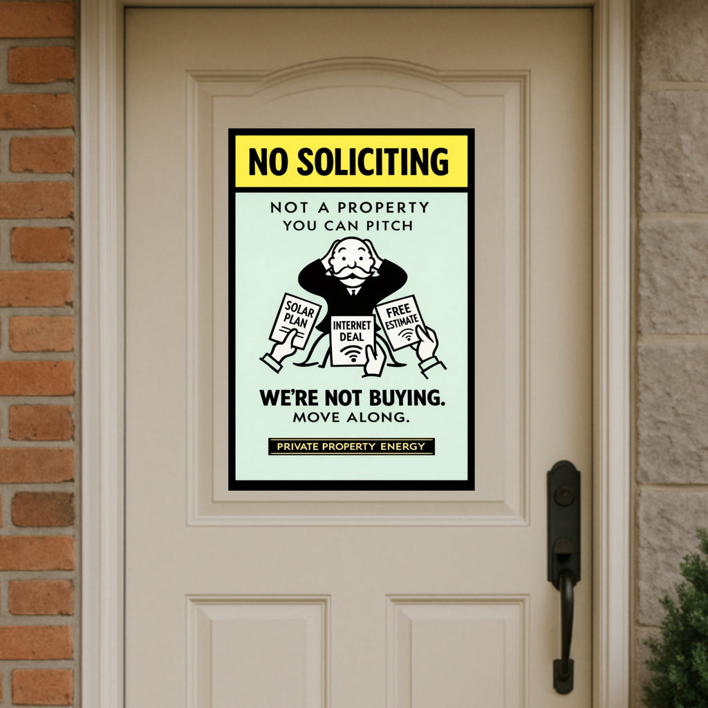 No Soliciting We’re Not Buying Sign Funny Door Sign Salesman Warning Sign 13x19 Laminated Home Protection Decor