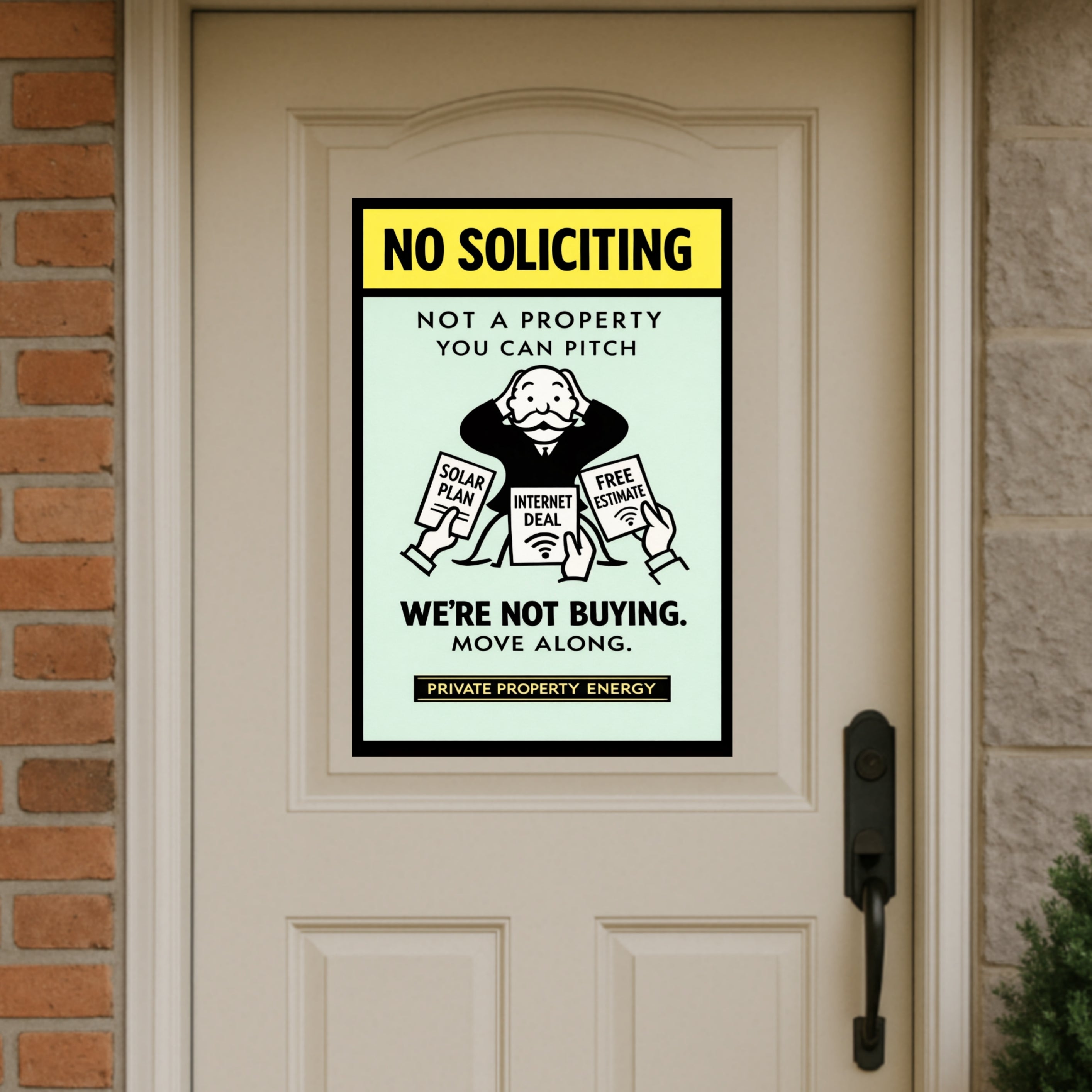 No Soliciting We’re Not Buying Sign Funny Door Sign Salesman Warning Sign 13x19 Laminated Home Protection Decor