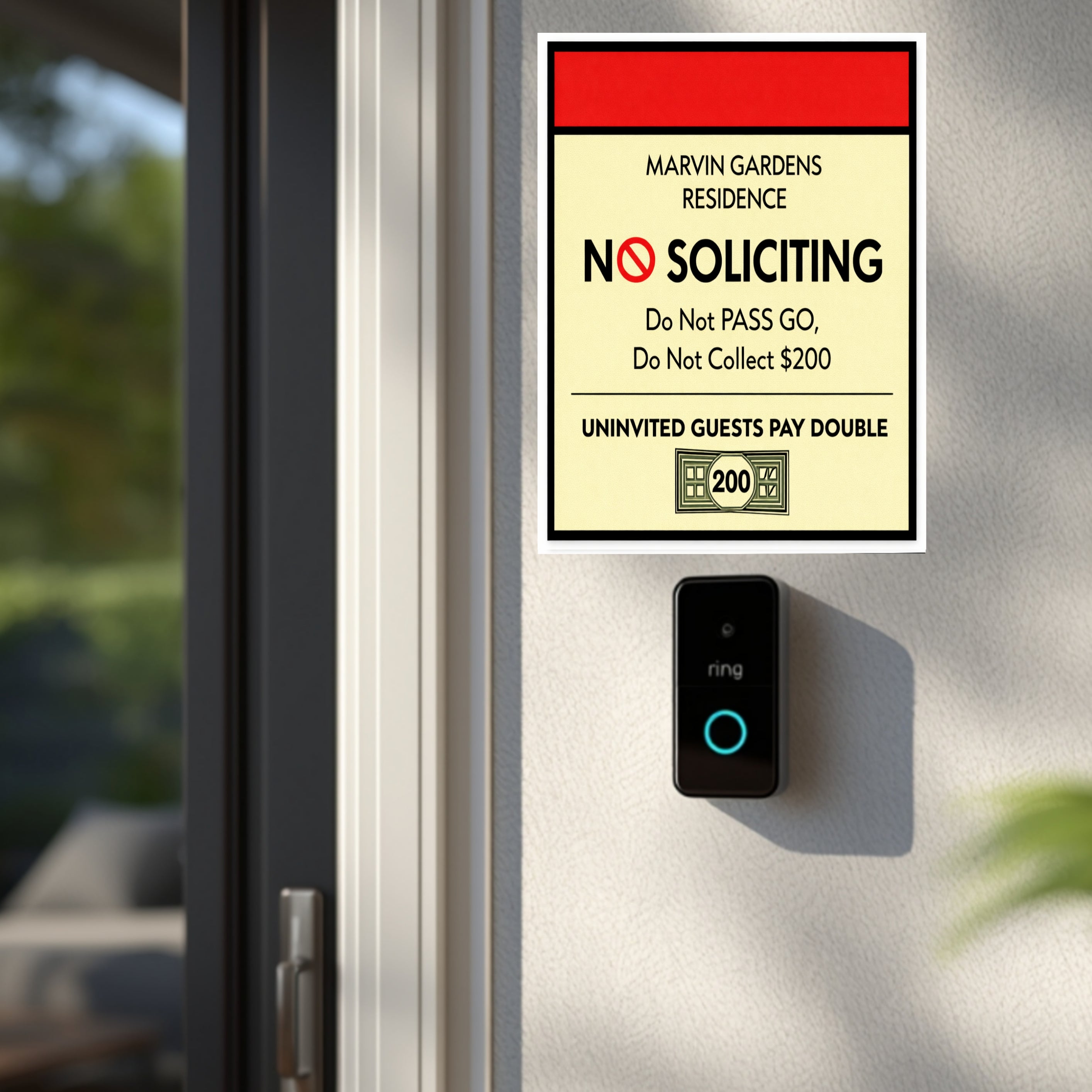 Marvin Gardens No Soliciting Sign – Monopoly Style Door Sign | “Do Not Pass Go, Do Not Collect $200” | Funny Entry Sign