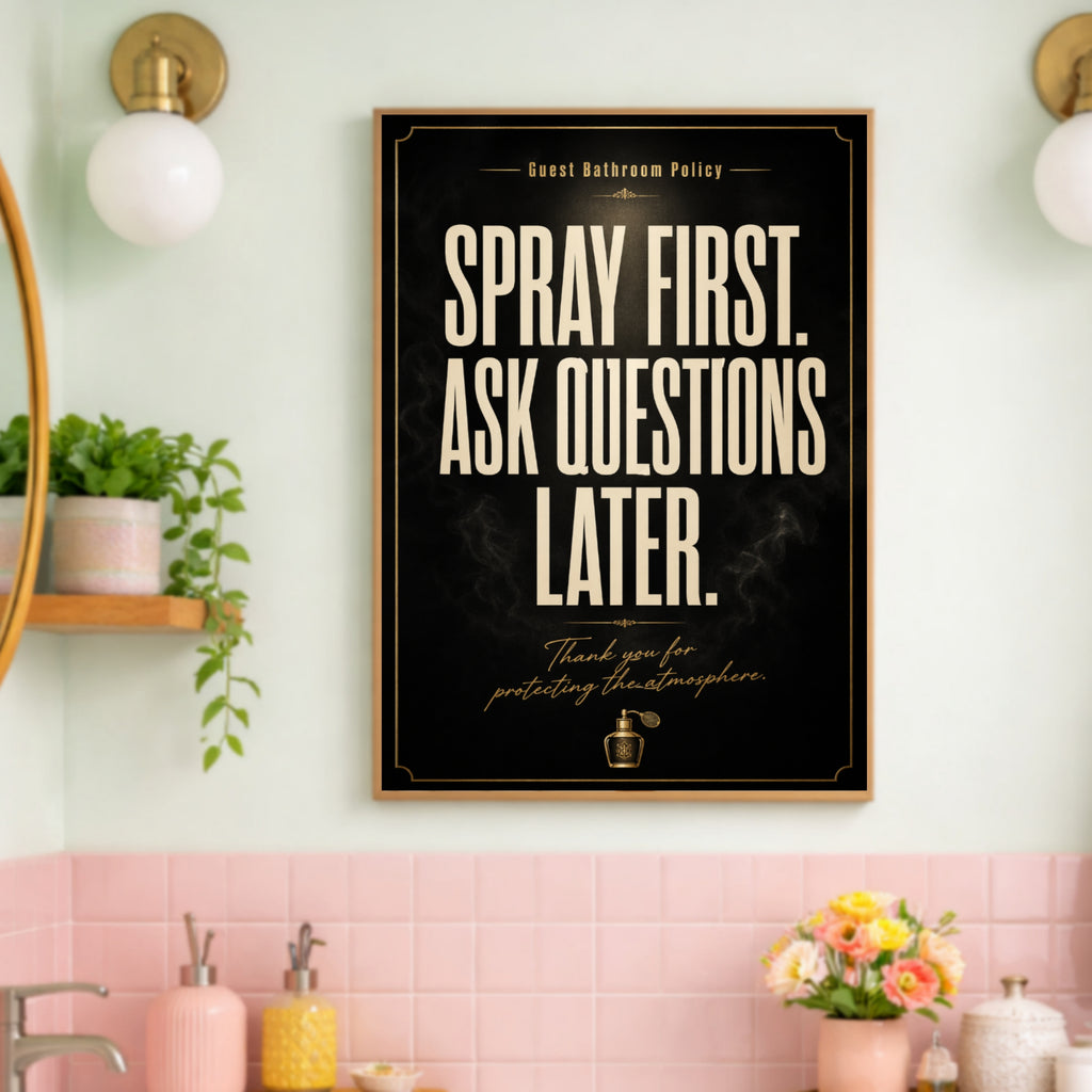 Spray First Ask Questions Later Bathroom Sign 13x19 Laminated Funny Bathroom Wall Art Guest Bathroom Decor Restroom Humor Sign