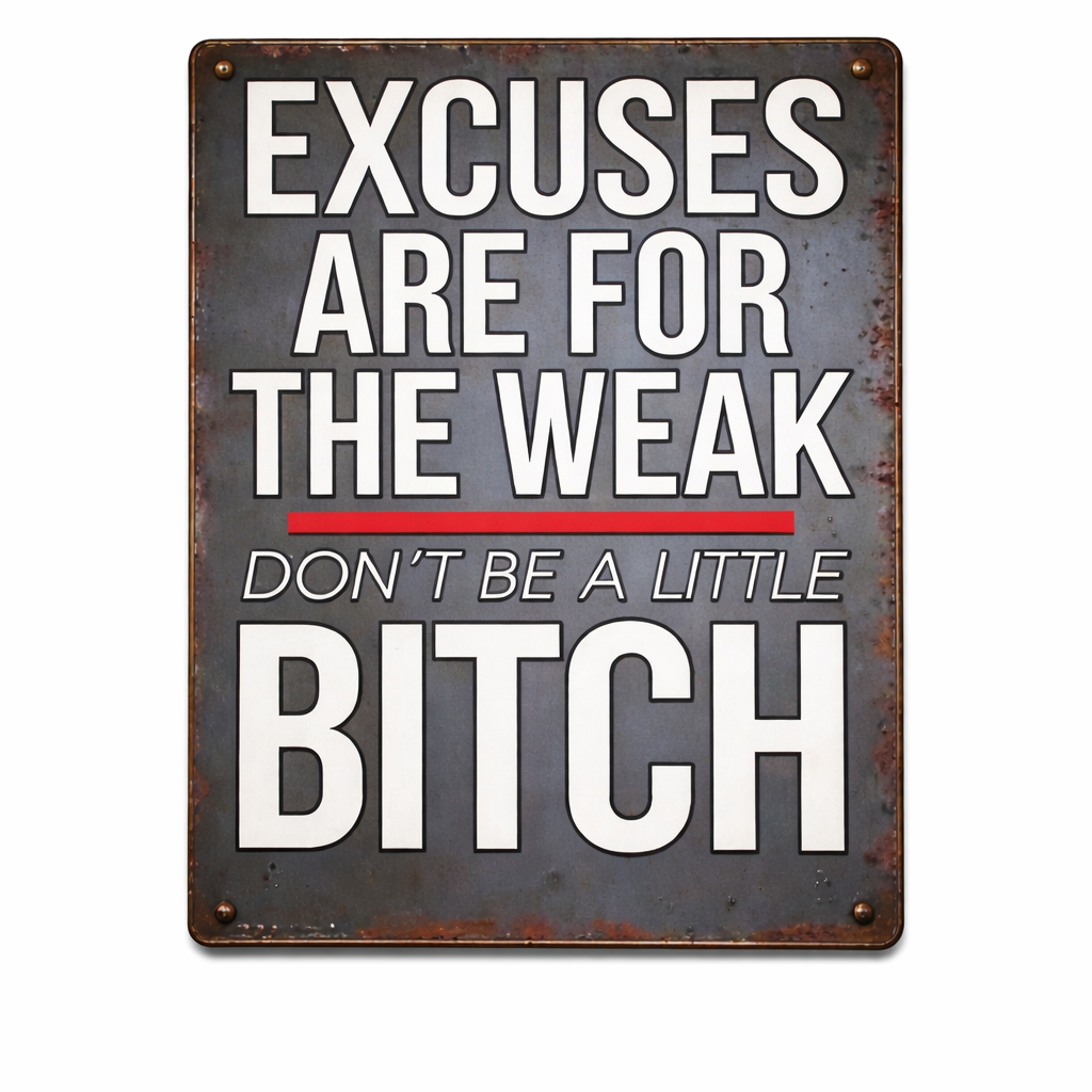 Motivational Tough Love Sign – “Excuses Are For The Weak” Wall Art | Bold Hustle Mindset Decor (13x19)