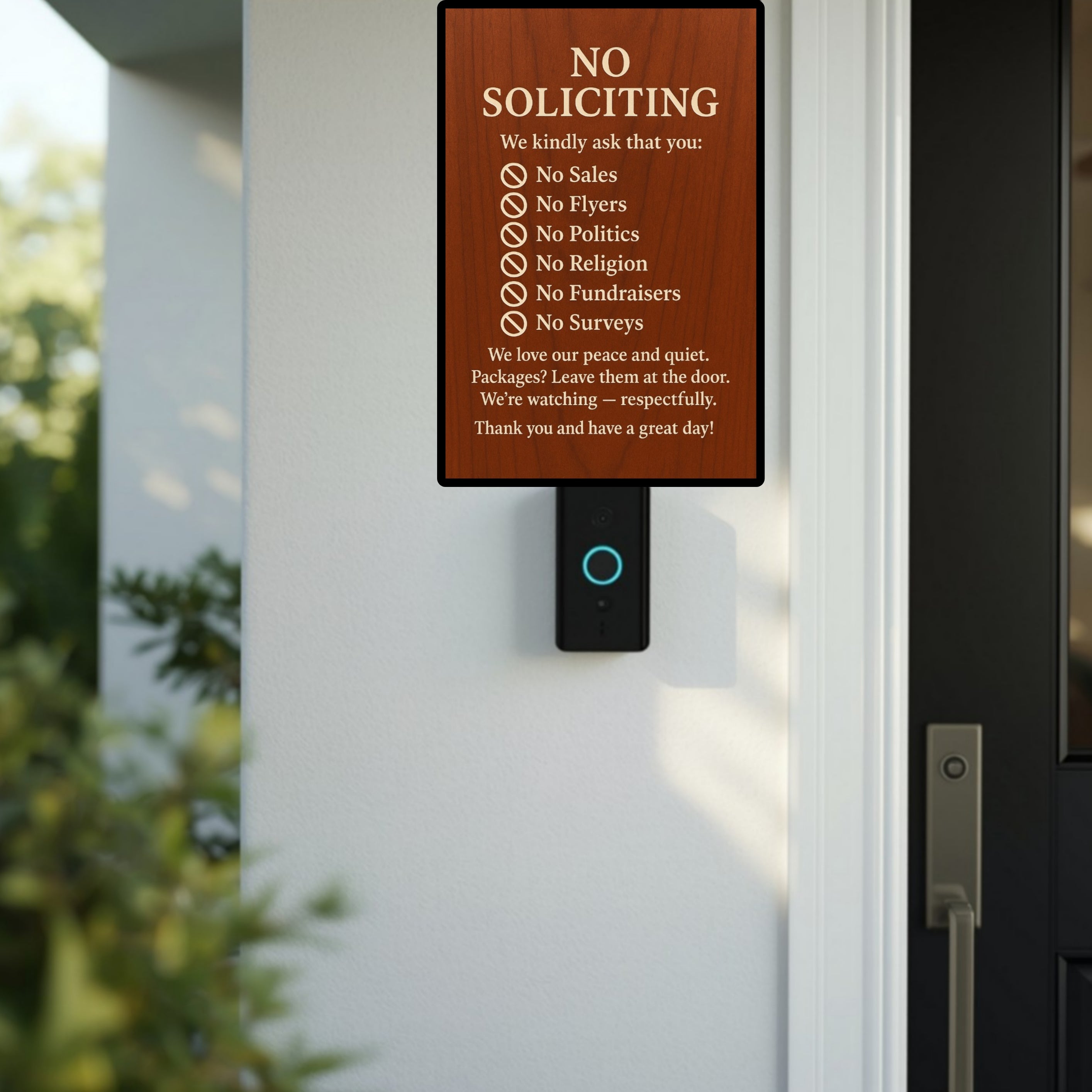 Elegant No Soliciting Sign – Polite Door Sign with Rules – 13x19 Laminated Front Door Notice – No Sales No Flyers No Politics