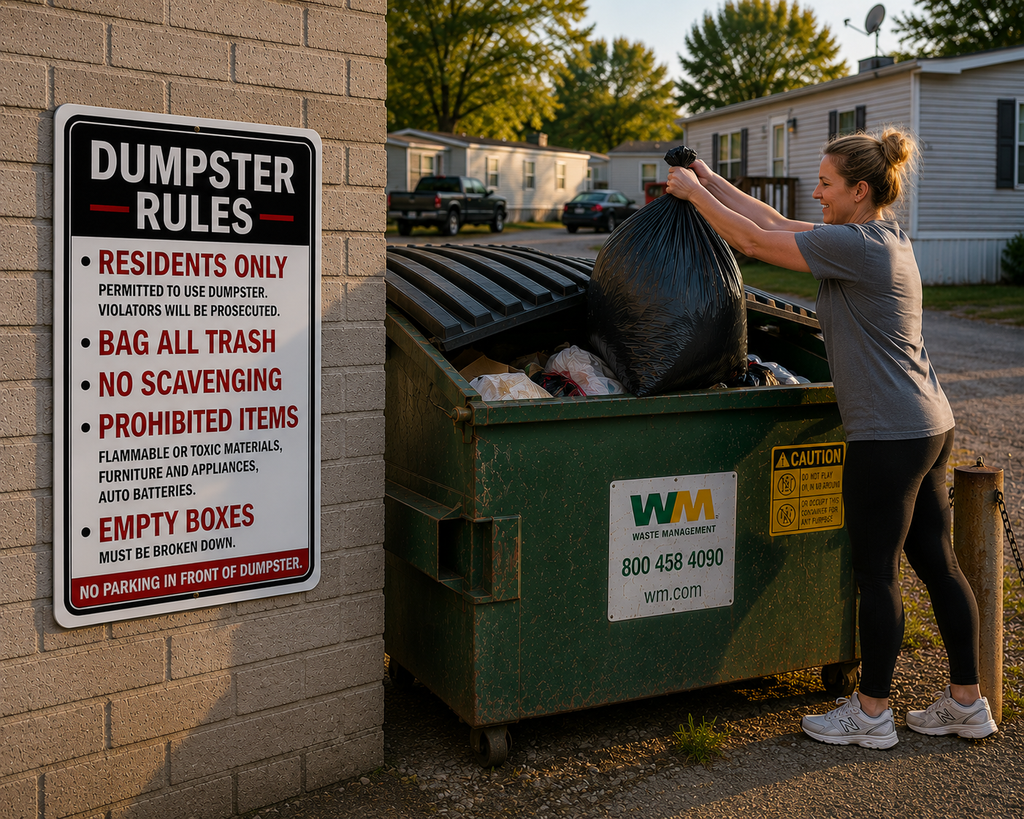 Dumpster Rules Sign Laminated 13x19 | Apartment Dumpster Rules Sign | Property Management Wall Sign | Trash Area Rules Decor